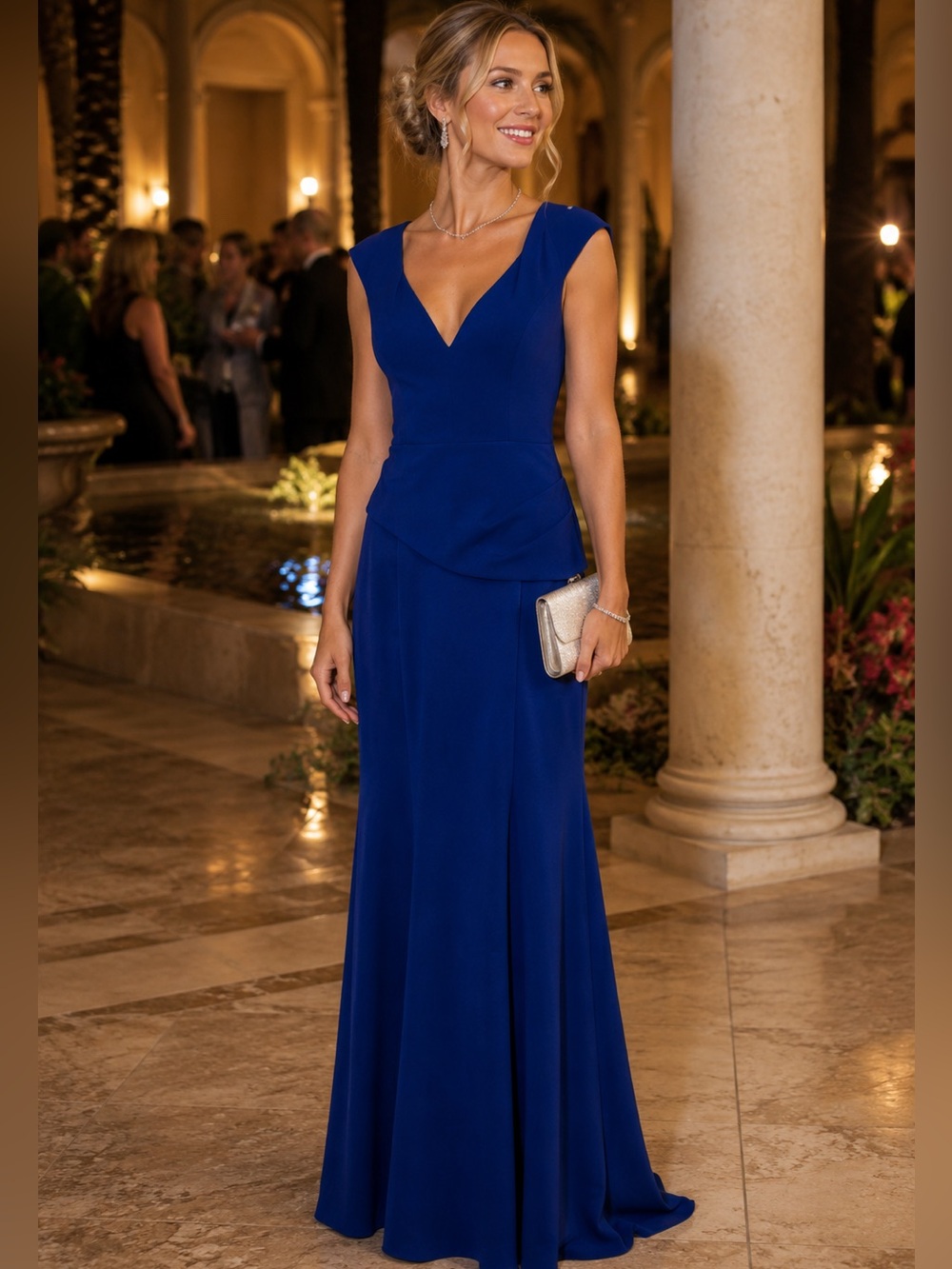 BLACK HALO EVE BY LAUREL BERMAN V-Neck Long Dress Elegant Blue Evening Gown 6